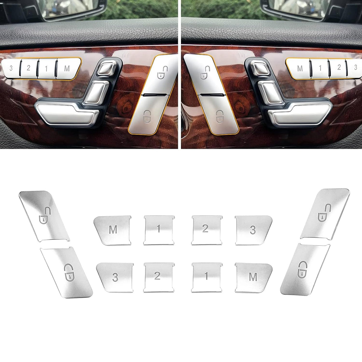 Silver button covers fitted to both front door panels, with the complete 12-piece set laid out below