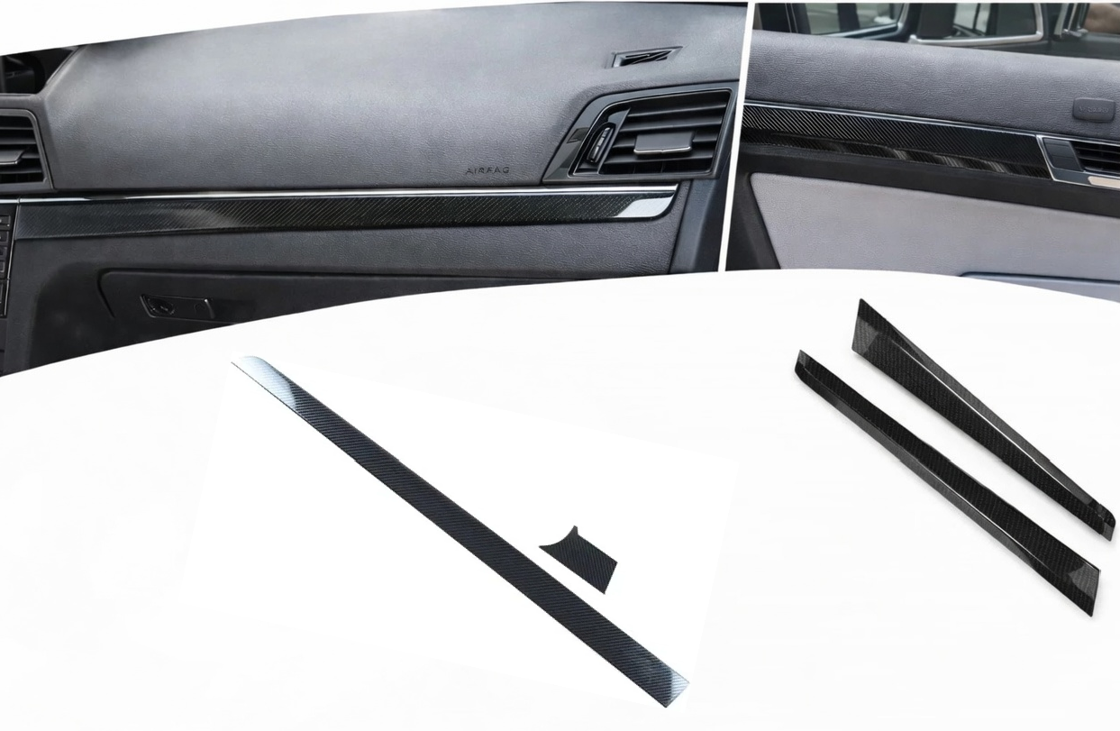 Carbon fiber style interior trim bundle installed on Mercedes E-Class C207 Coupe dashboard and A207 Cabriolet, shows door panels glove box and cup holder upgrade kit