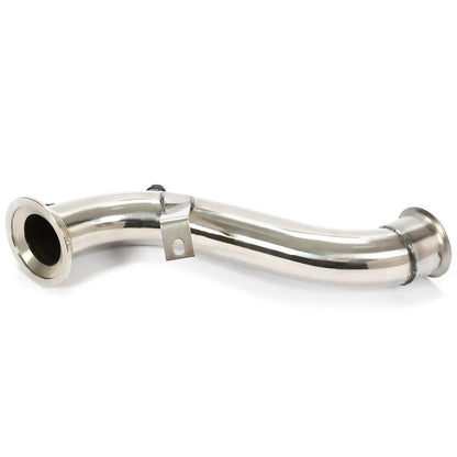 Mercedes E300 M274 catless downpipe with CNC flanges, TIG welds, and OEM fitment