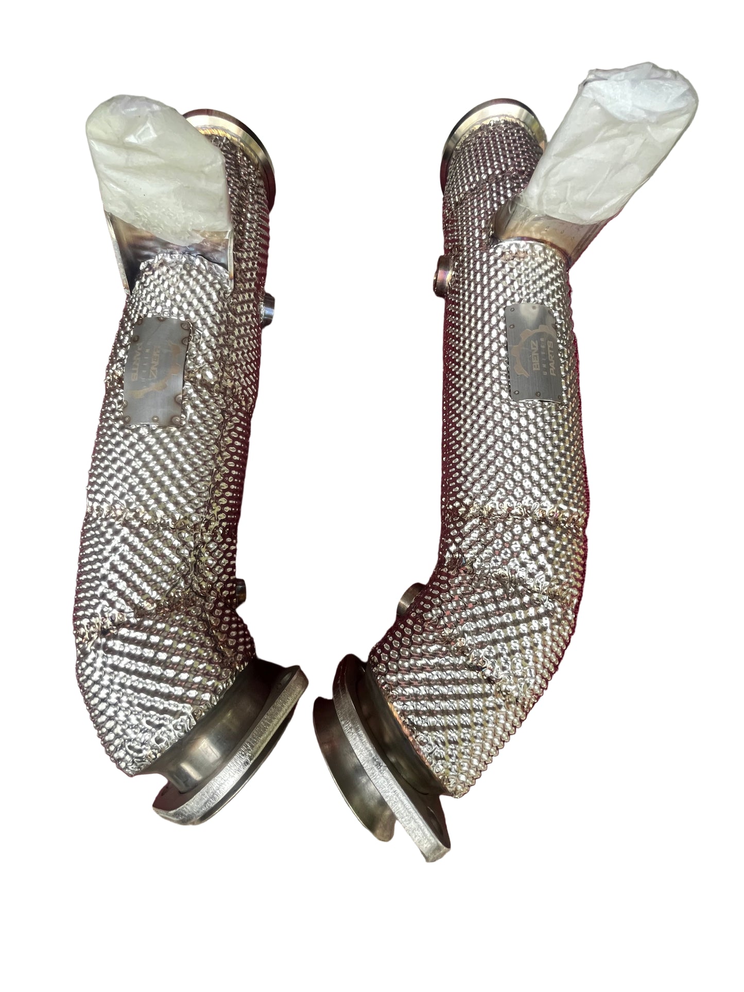 Opposite angle view of Mercedes E43, E450, and E400 M276 catless downpipes with integrated heat shielding