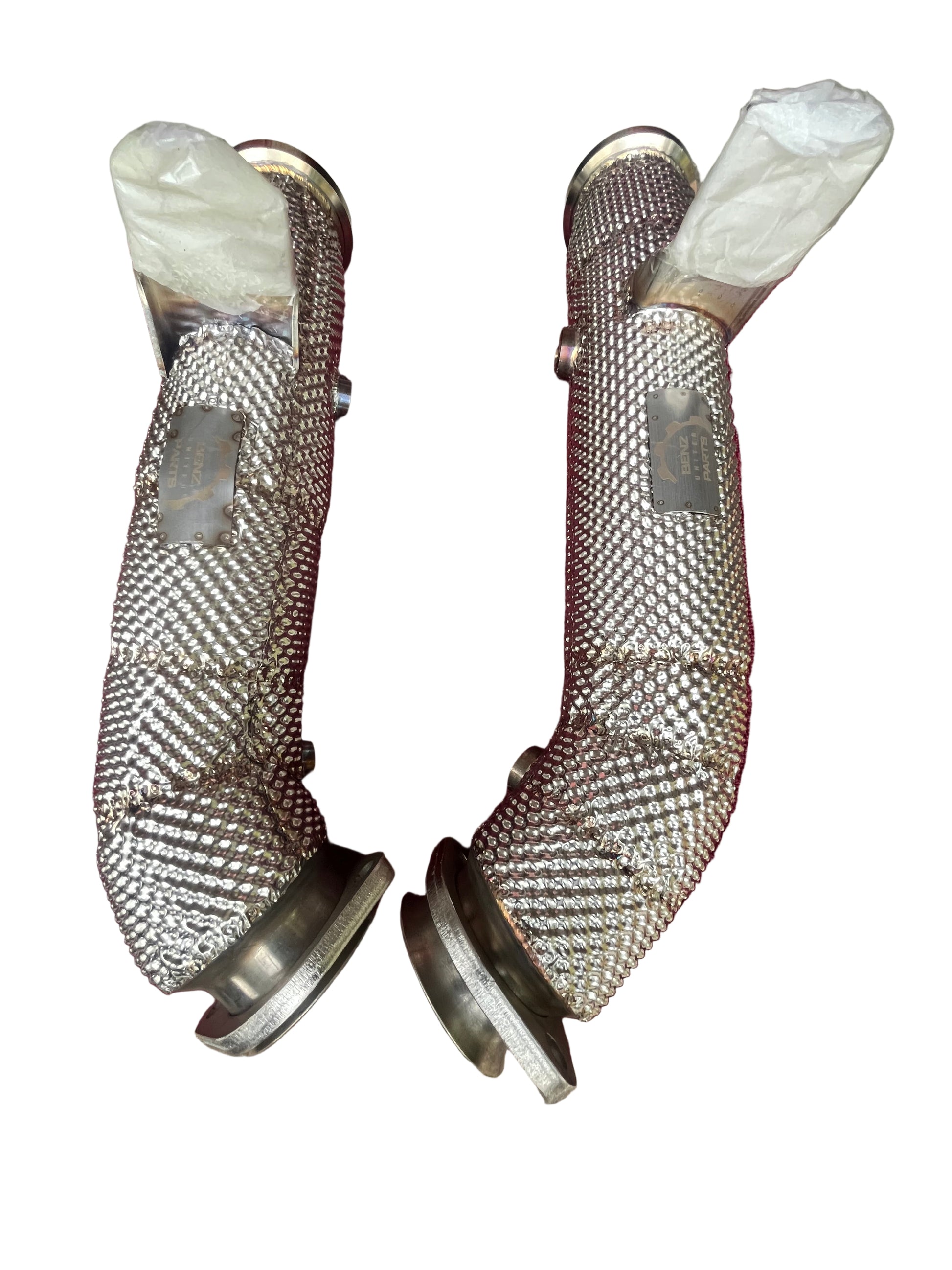 Opposite angle view of Mercedes E43, E450, and E400 M276 catless downpipes with integrated heat shielding