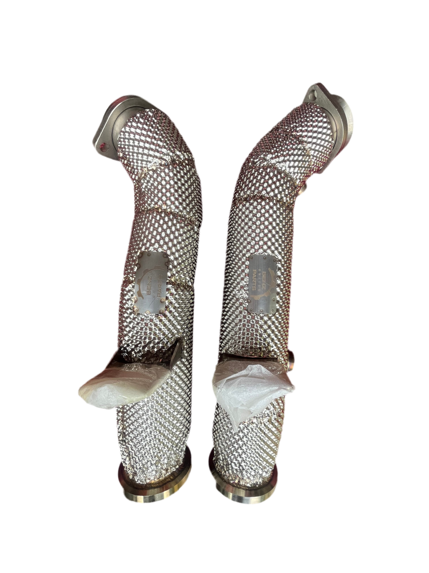 Heat-shielded catless downpipes for Mercedes E43 AMG, E450, and E400 with M276 engine, fits W213 sedan, C238 coupe, and A238 cabriolet