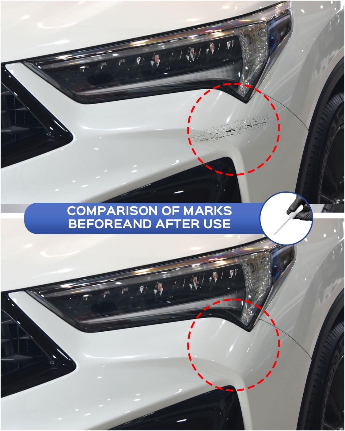 Scratch beside the headlight on a Mercedes before and after repair with 964 5964 touch-up paint