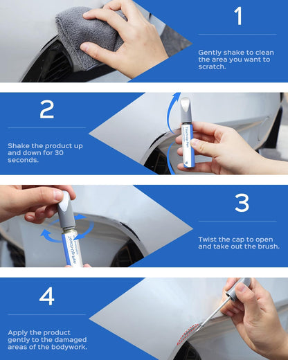 Four steps for using the touch-up paint: clean the area, shake for 30 seconds, twist the cap open, apply to the damaged paint