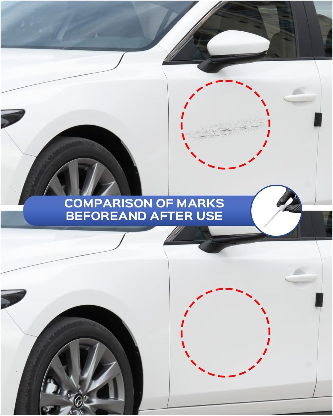 Paint damage on the side of a Mercedes before and after repair with 964 5964 touch-up paint