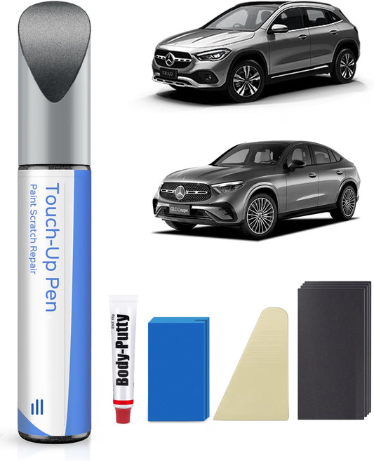 Mercedes Iridium Silver 775 9775 touch-up paint kit shown with GLA and GLC — touch-up paint, body putty, spatula, sanding pad and four sandpaper sheets