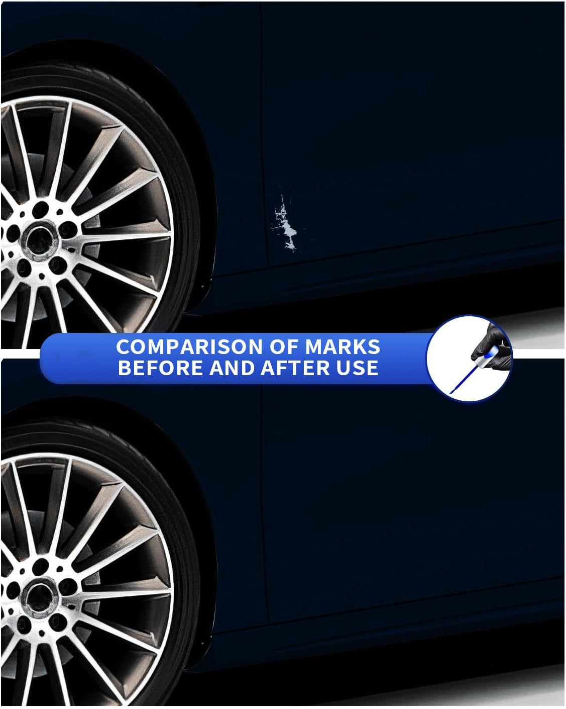 Paint chip on a Lunar Blue Mercedes before and after repair with 890 5890 touch-up paint