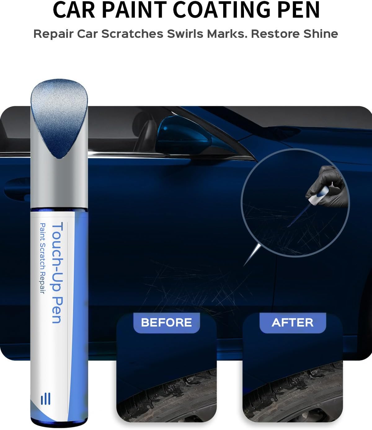 Mercedes Lunar Blue 890 5890 touch-up paint applicator shown with close-up repair examples