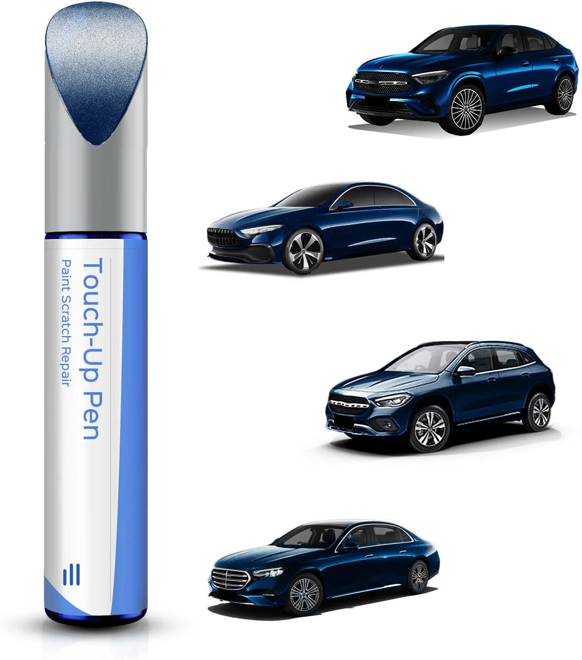 Mercedes Lunar Blue 890 5890 touch-up paint shown with Mercedes sedans and an SUV finished in Lunar Blue
