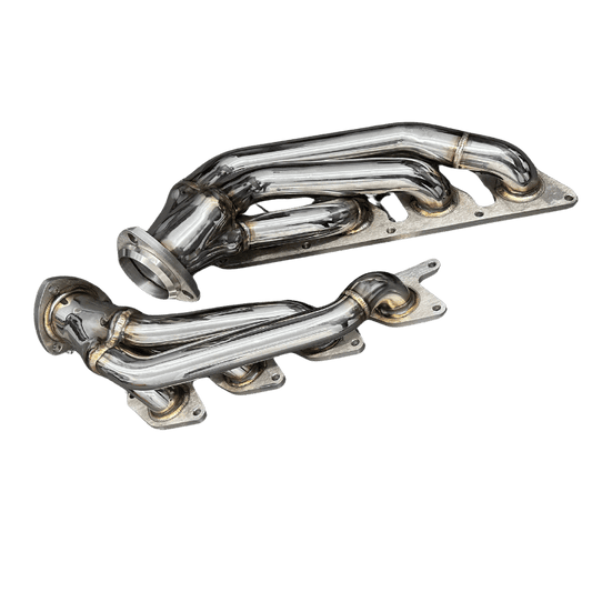 High-flow stainless mid-length performance headers for Mercedes M273 V8 engines including E550, CLS550, SL550