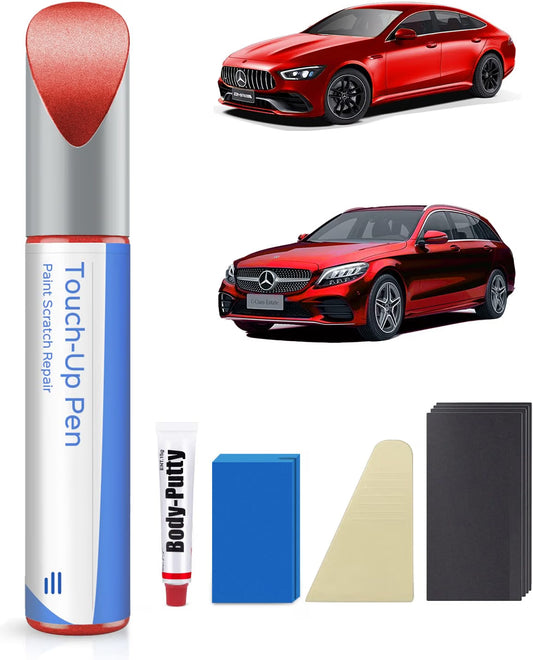 Mercedes Mars Red 590 3590 touch-up paint kit shown with AMG GT and C-Class Wagon — touch-up paint, body putty, spatula, sanding pad and four sandpaper sheets