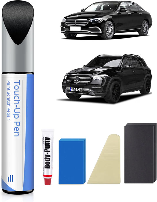 Mercedes Obsidian Black 197 9197 touch-up paint kit shown with E-Class and GLE — touch-up paint, body putty, spatula, sanding pad and four sandpaper sheets