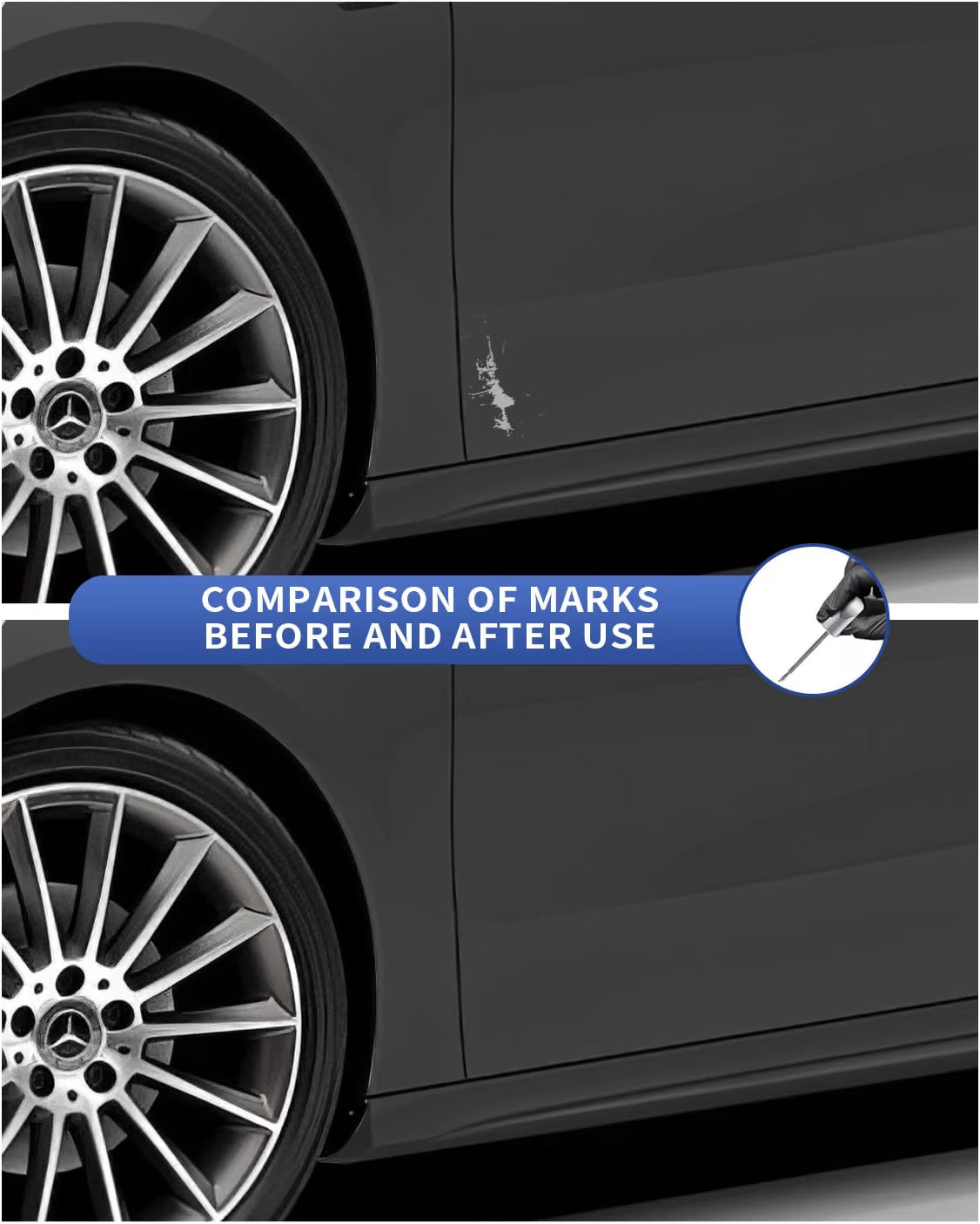 Scratch above the rear wheel arch on a silver Mercedes before and after repair with 792 9792 touch-up paint