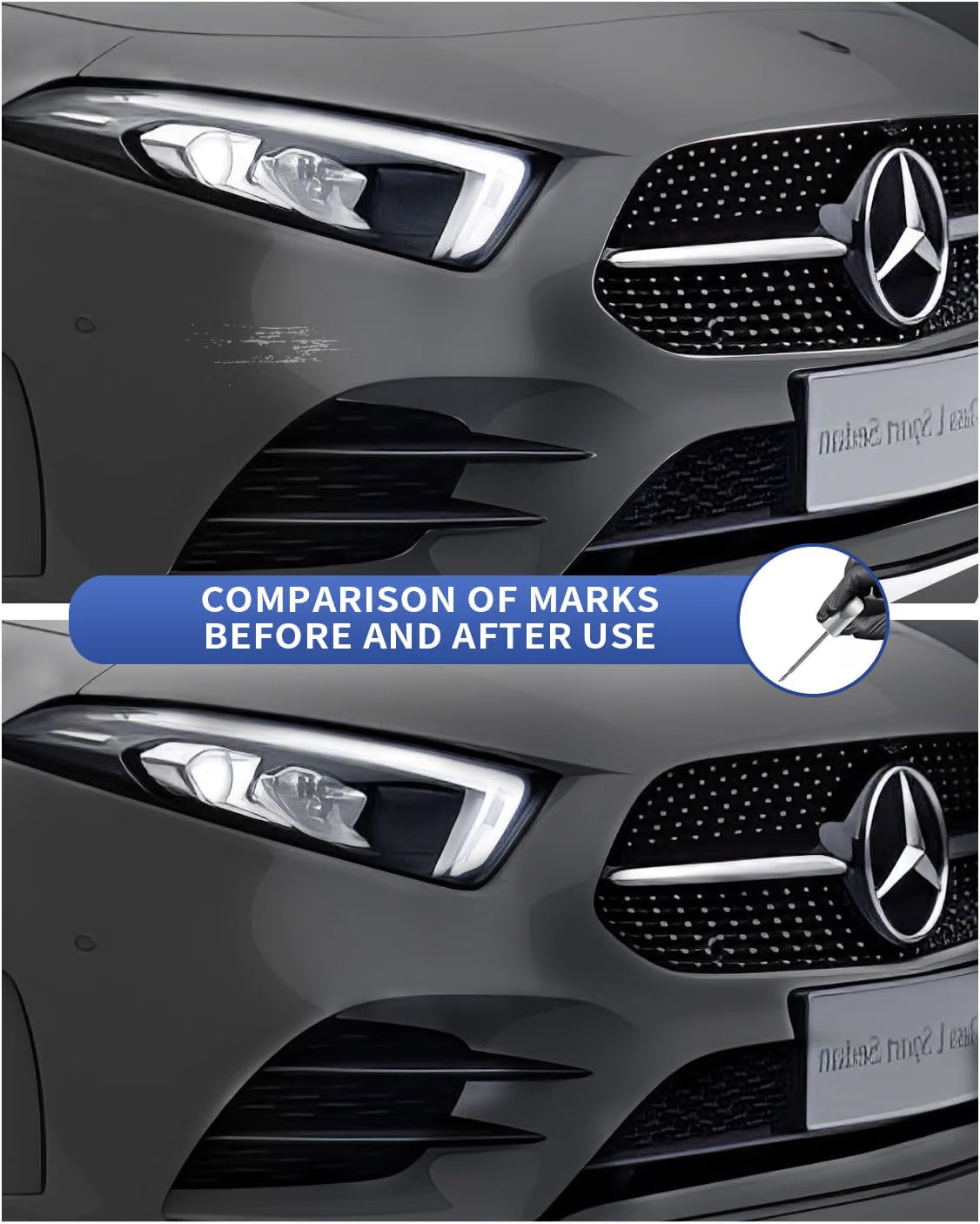 Labelled contents of the Mercedes 792 9792 touch-up paint kit: touch-up paint, body putty, spatula, sanding pad and four sandpaper sheets