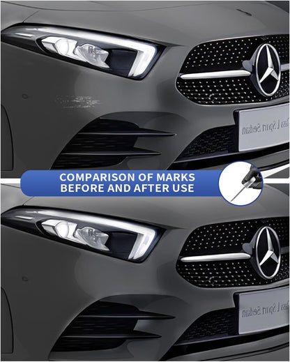 Labelled contents of the Mercedes 792 9792 touch-up paint kit: touch-up paint, body putty, spatula, sanding pad and four sandpaper sheets