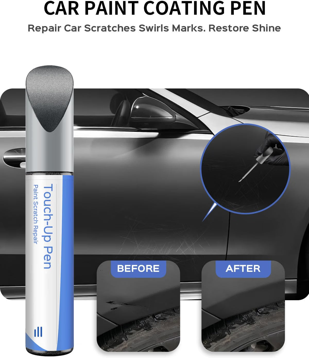 Car paint coating pen repairing swirl marks and scratches on silver paint, shown before and after