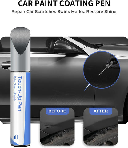 Car paint coating pen repairing swirl marks and scratches on silver paint, shown before and after