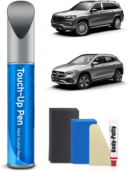 Mercedes Palladium Silver 792 9792 touch-up paint kit shown with GLA and GLC Coupe — touch-up paint, body putty, spatula, sanding pad and four sandpaper sheets