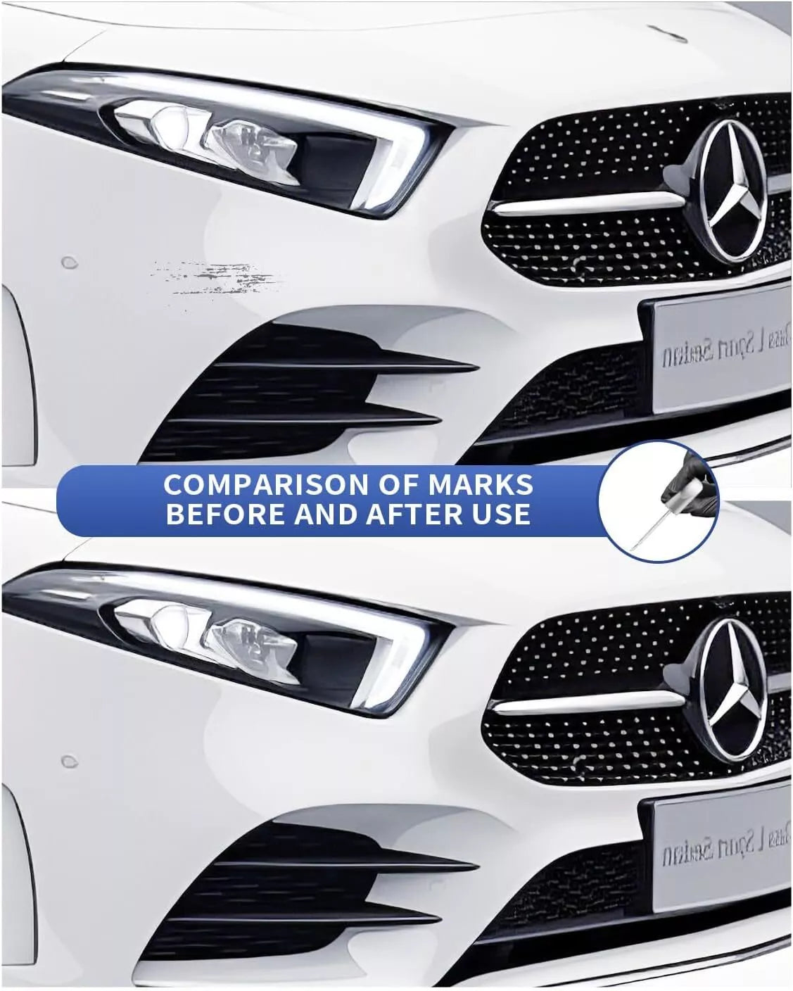 Scratch beside the grille on a Mercedes before and after repair with 149 9149 touch-up paint