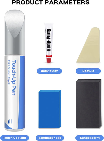 Labelled contents of the Mercedes 149 9149 touch-up paint kit: touch-up paint pen, body putty, spatula, sandpaper pad and four sandpaper sheets