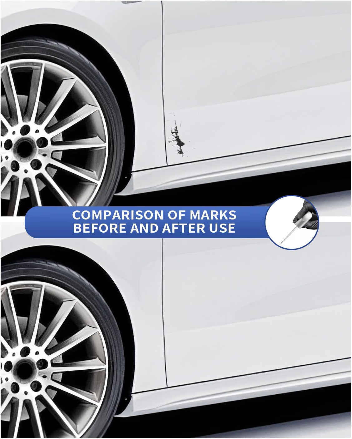 Scratch above the rear wheel arch on a Mercedes before and after repair with 149 9149 touch-up paint