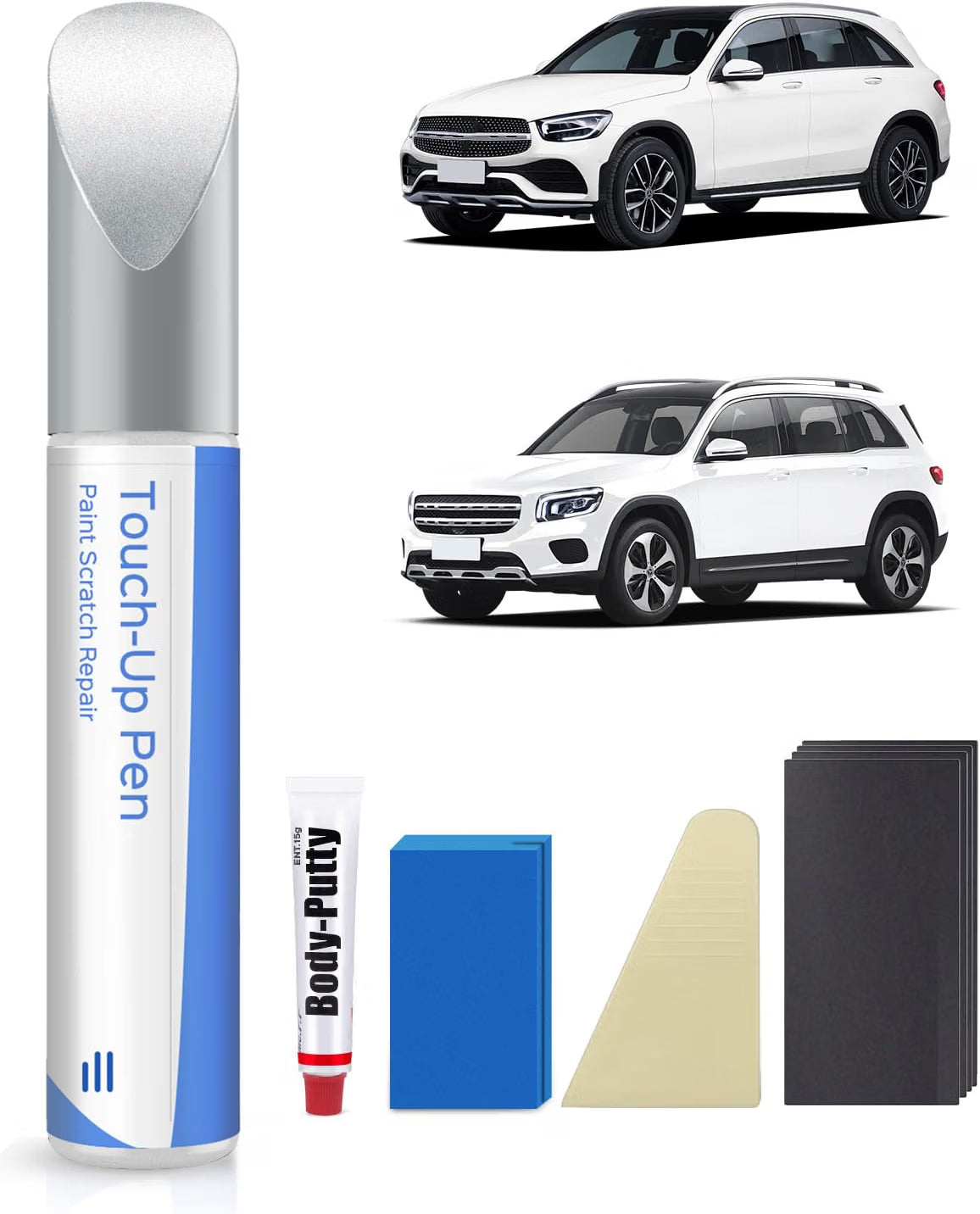 Mercedes Polar White 149 9149 touch-up paint kit shown with E-Class and GLE — touch-up paint, body putty, spatula, sanding pad and four sandpaper sheets