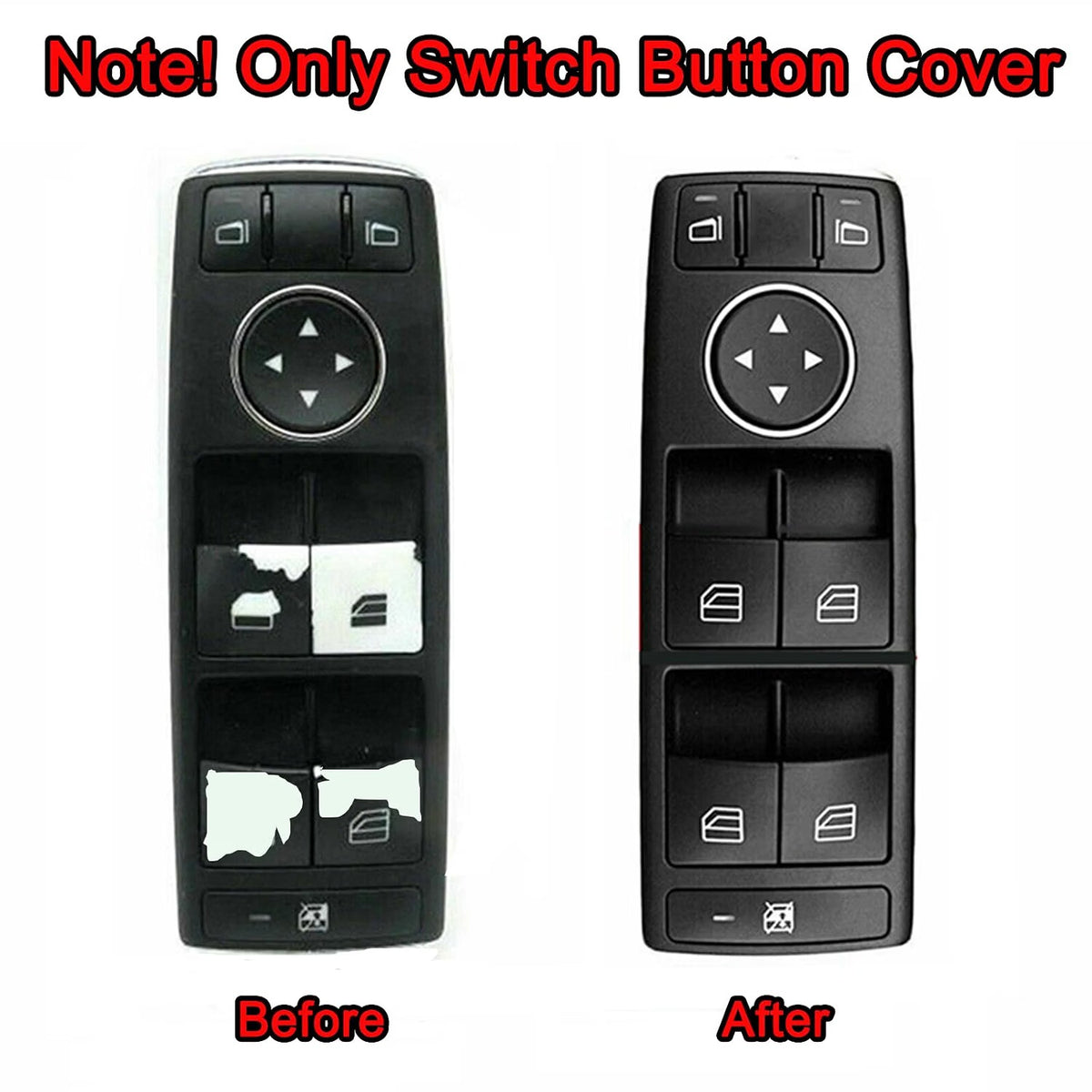 Worn Mercedes window switch panel beside the same panel restored with new button caps
