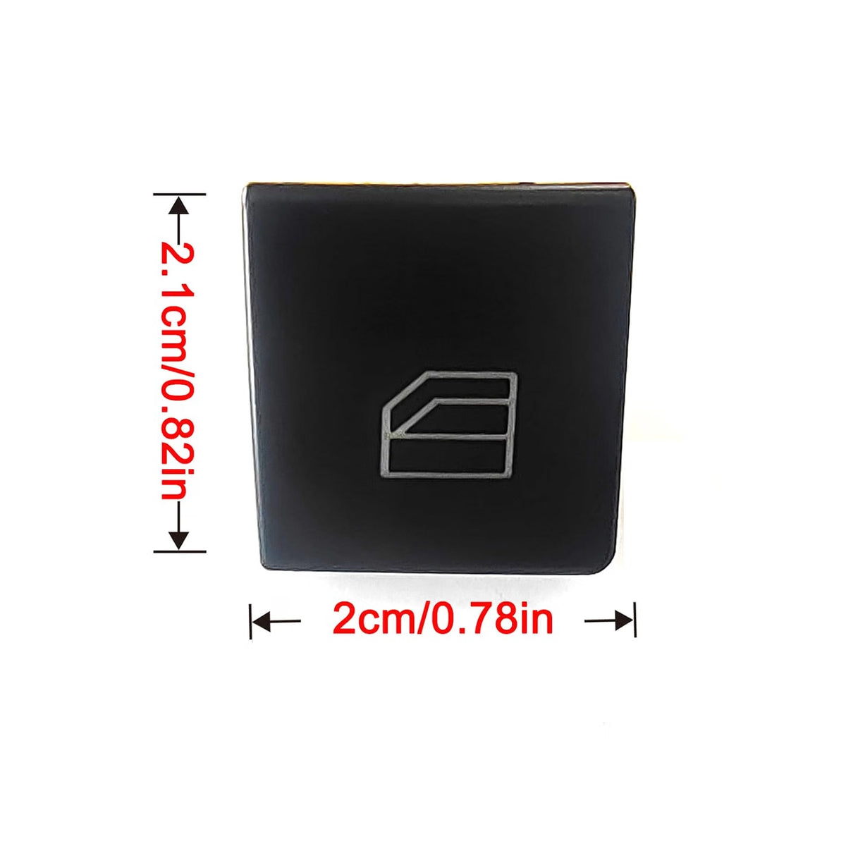 Black Mercedes window switch button cap with dimensions marked, 2.1 cm tall by 2 cm wide