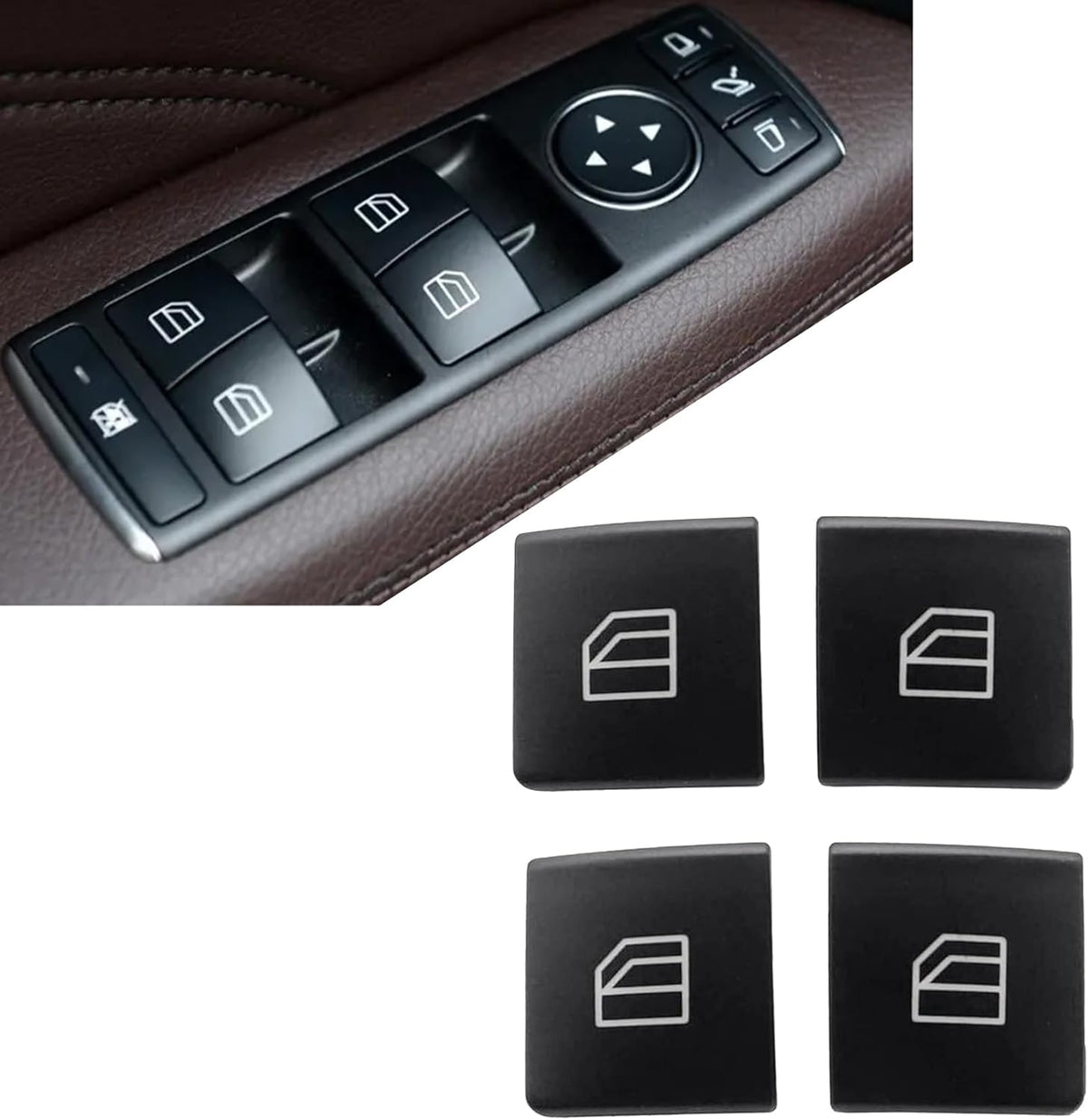 Mercedes driver-side power window switch panel shown above the four black replacement button caps