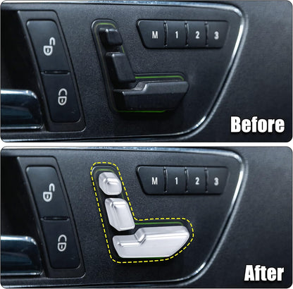 Before and After Installation of Silver Seat Adjust Button Cover Trim on Mercedes Door Panel