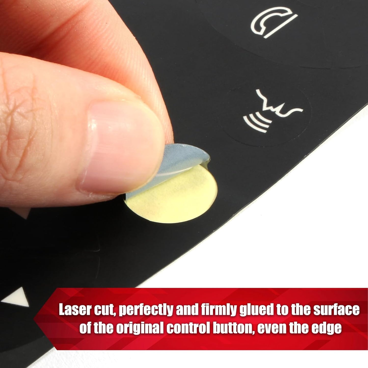 Laser-cut steering wheel button overlay with adhesive being applied to surface