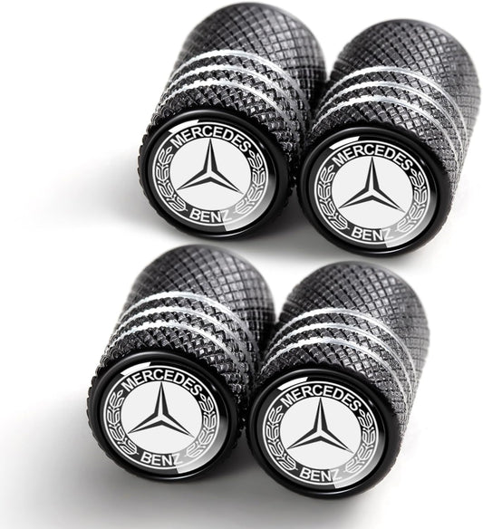 Set of 4 black Mercedes-Benz tire valve stem caps with raised logo, corrosion-resistant with O-ring seal