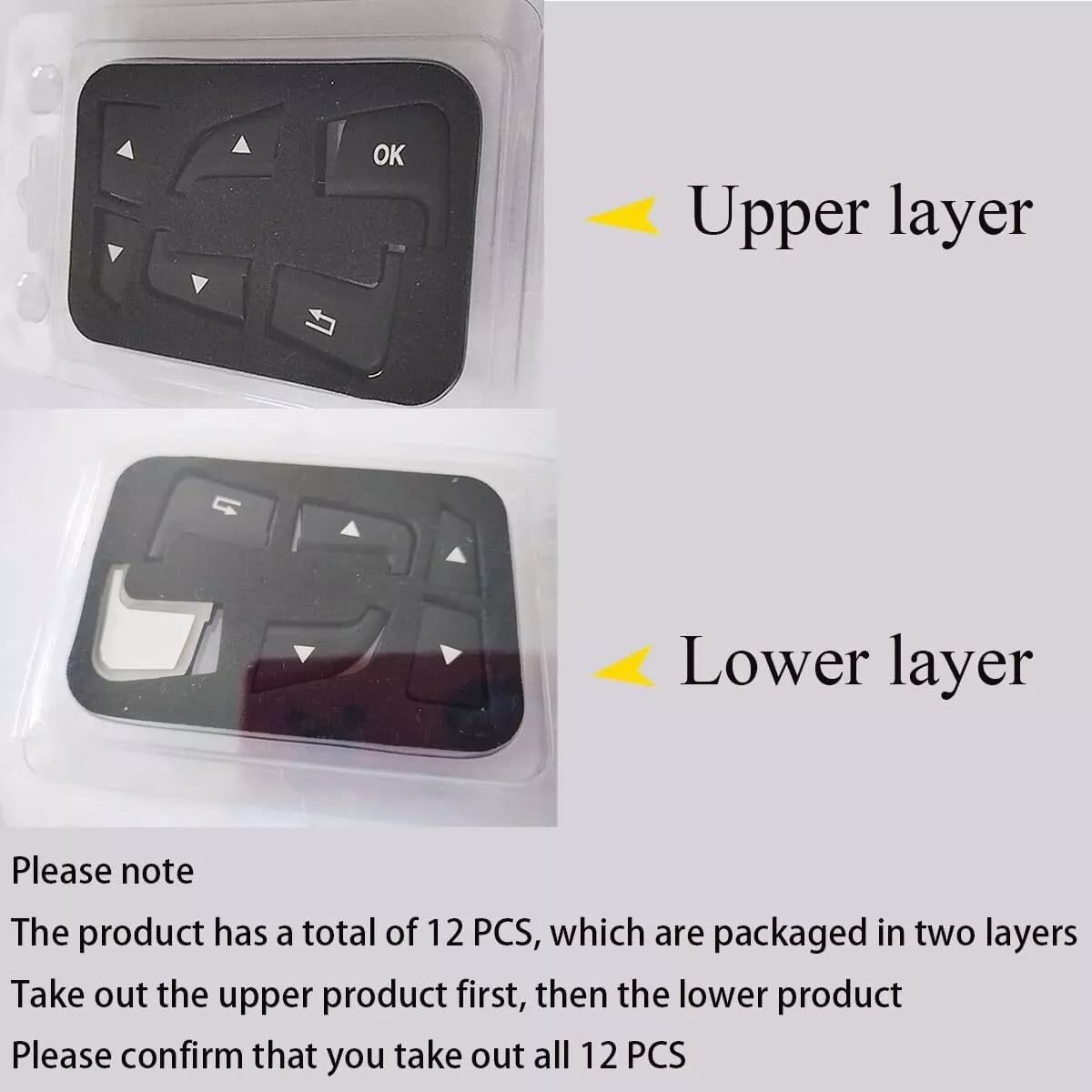 Packaging instructions showing two-layer layout for Mercedes steering trim kit