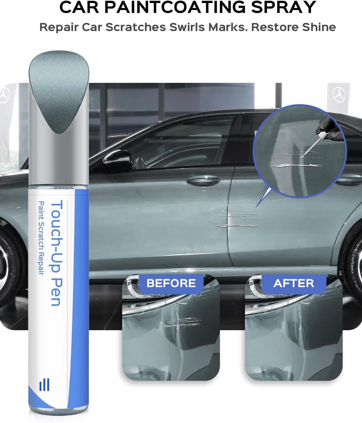 Mercedes Verde Silver 188 6188 touch-up paint applicator shown with close-up repair examples