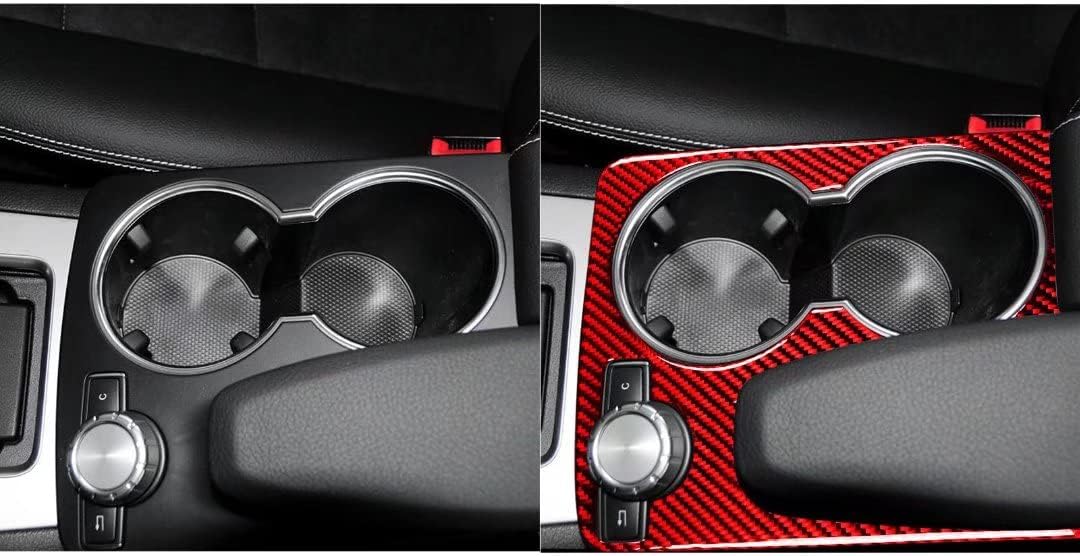 Mercedes W204 red carbon fiber center console overlay before and after comparison
