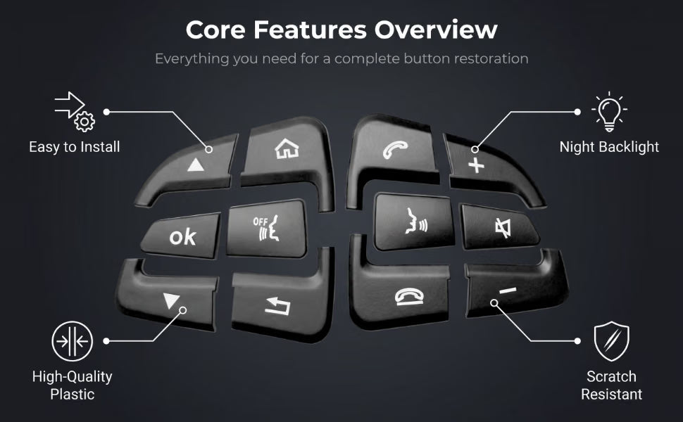 Black Mercedes steering wheel button covers — easy install, ABS plastic, night backlighting, scratch resistant