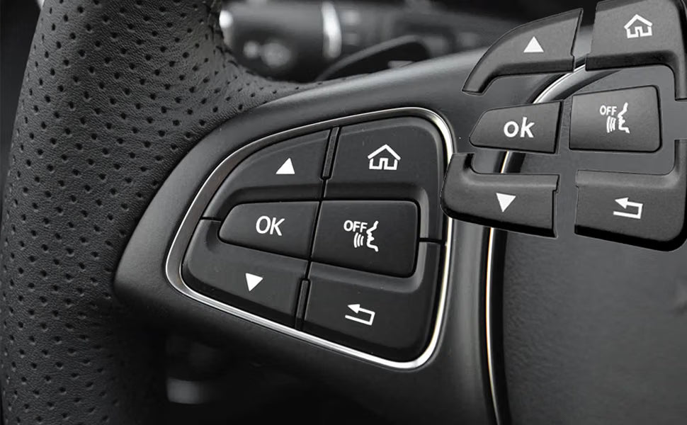 Black Mercedes steering wheel button covers installed on the steering wheel controls