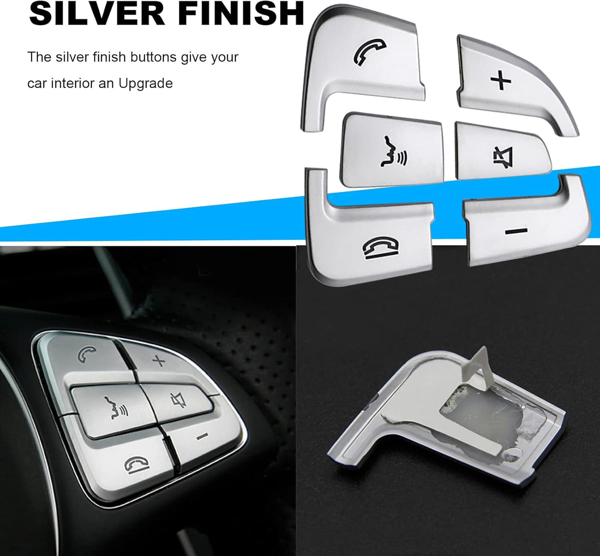 Close-up of silver Mercedes steering wheel button covers showing the adhesive backing