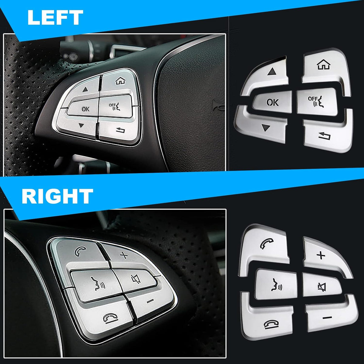 Silver Mercedes steering wheel button covers installed on the left and right wheel controls