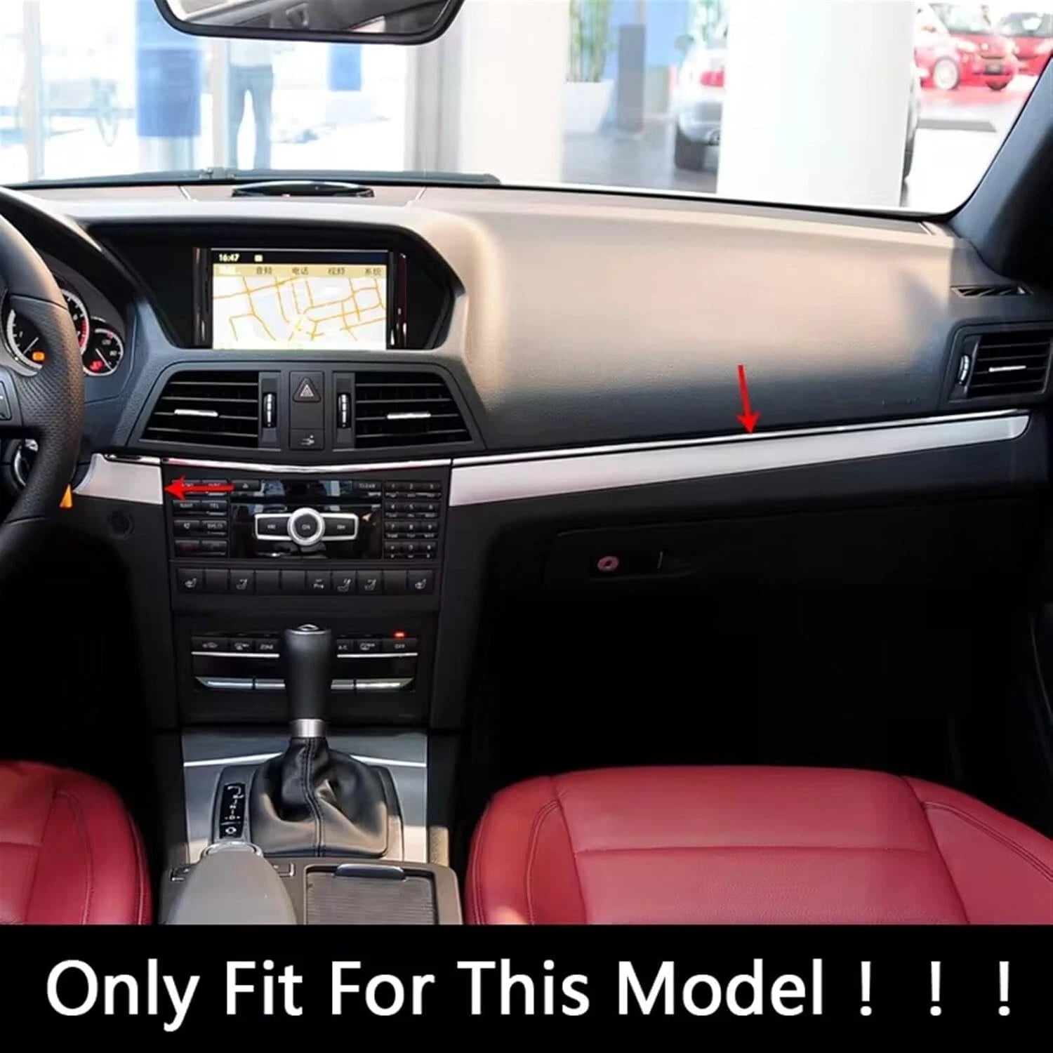 Interior fitment example for Mercedes W207 E-Class Coupe with carbon glove box trim location highlighted