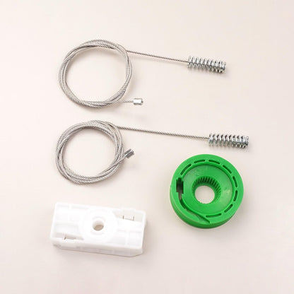 Mercedes W208 CLK convertible rear quarter window regulator repair kit — steel cable, white plastic carrier block and green cable pulley, replaces OE A2086700203 and A2086700103