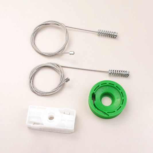 Mercedes W208 CLK convertible rear quarter window regulator repair kit — steel cable, white plastic carrier block and green cable pulley, replaces OE A2086700203 and A2086700103