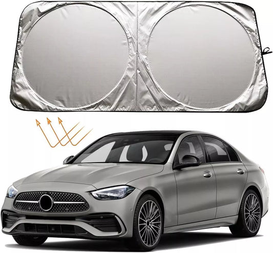Custom-fit Mercedes-Benz windshield sunshade with reflective 210T fabric for GLC, C-Class, and E-Class