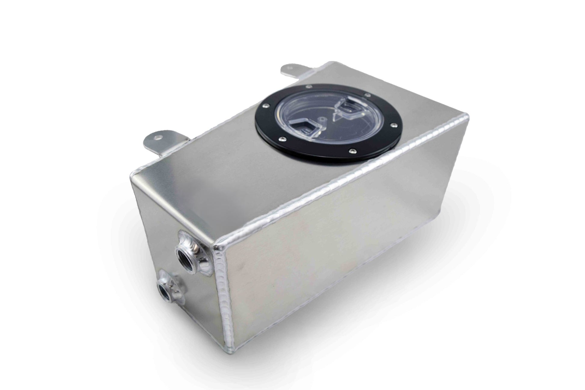 Side view of Under Hood Ice Tank for G55 AMG 2.2 Gallon stainless steel with black lid