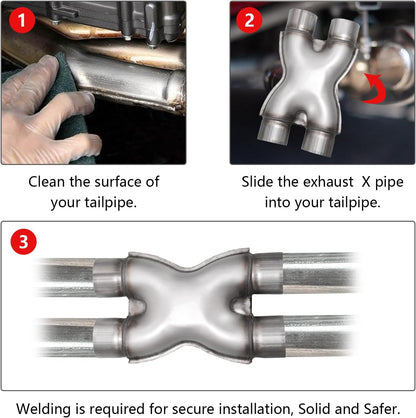 2.25 inch X-pipe installation steps—clean, slide on, weld for secure fit