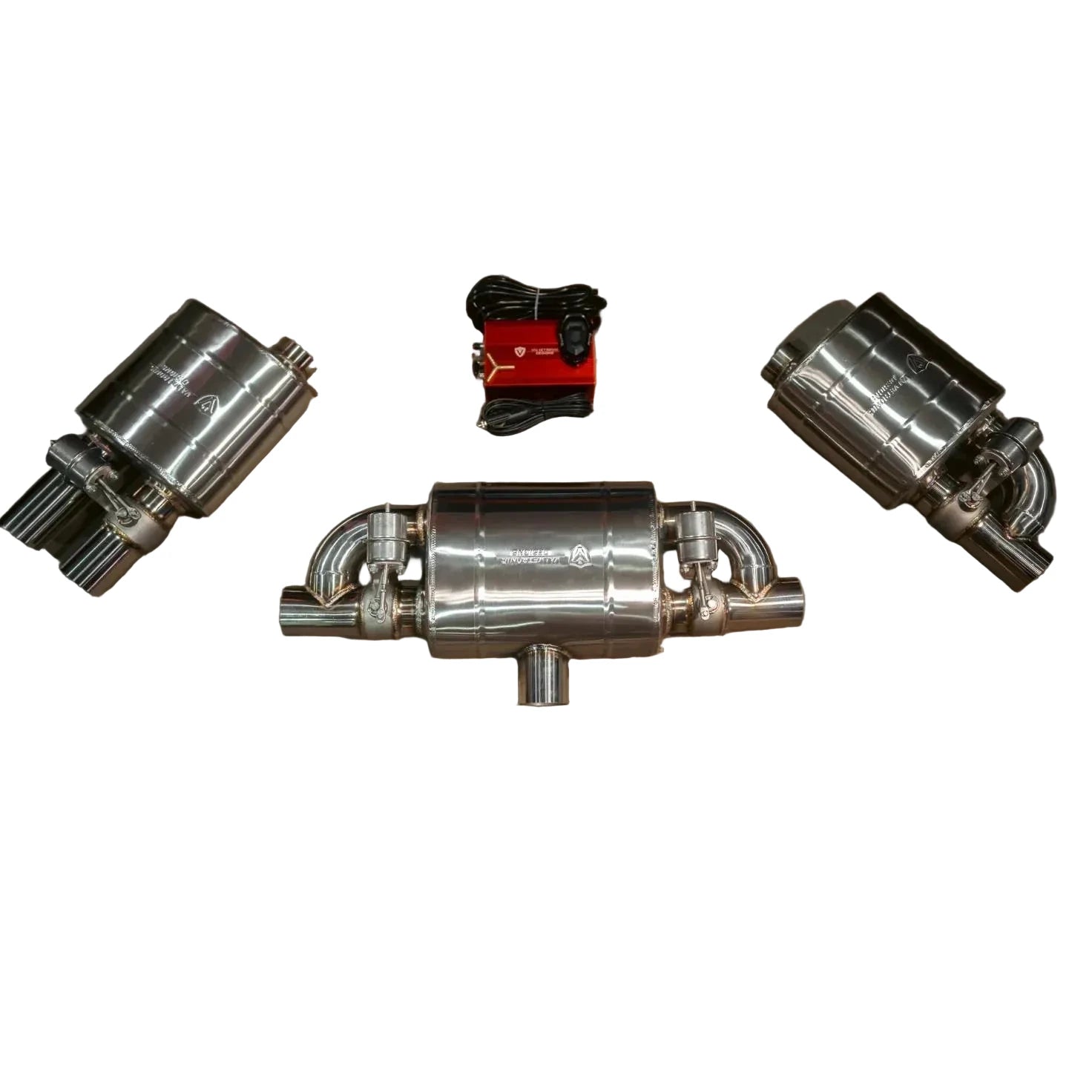 Universal Valved Muffler Kit T304 Stainless Steel with key fob remote and vacuum valves for Mercedes W205 C300 C43 and W213 E300 E43 non-Performance exhaust upgrade