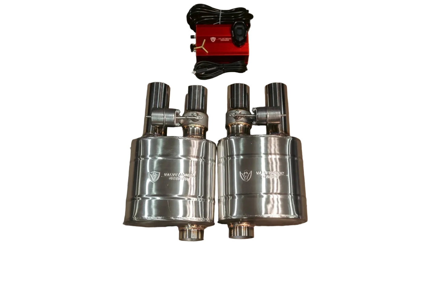 Close-up of vacuum exhaust valves and key fob remote system on T304 stainless valved muffler kit