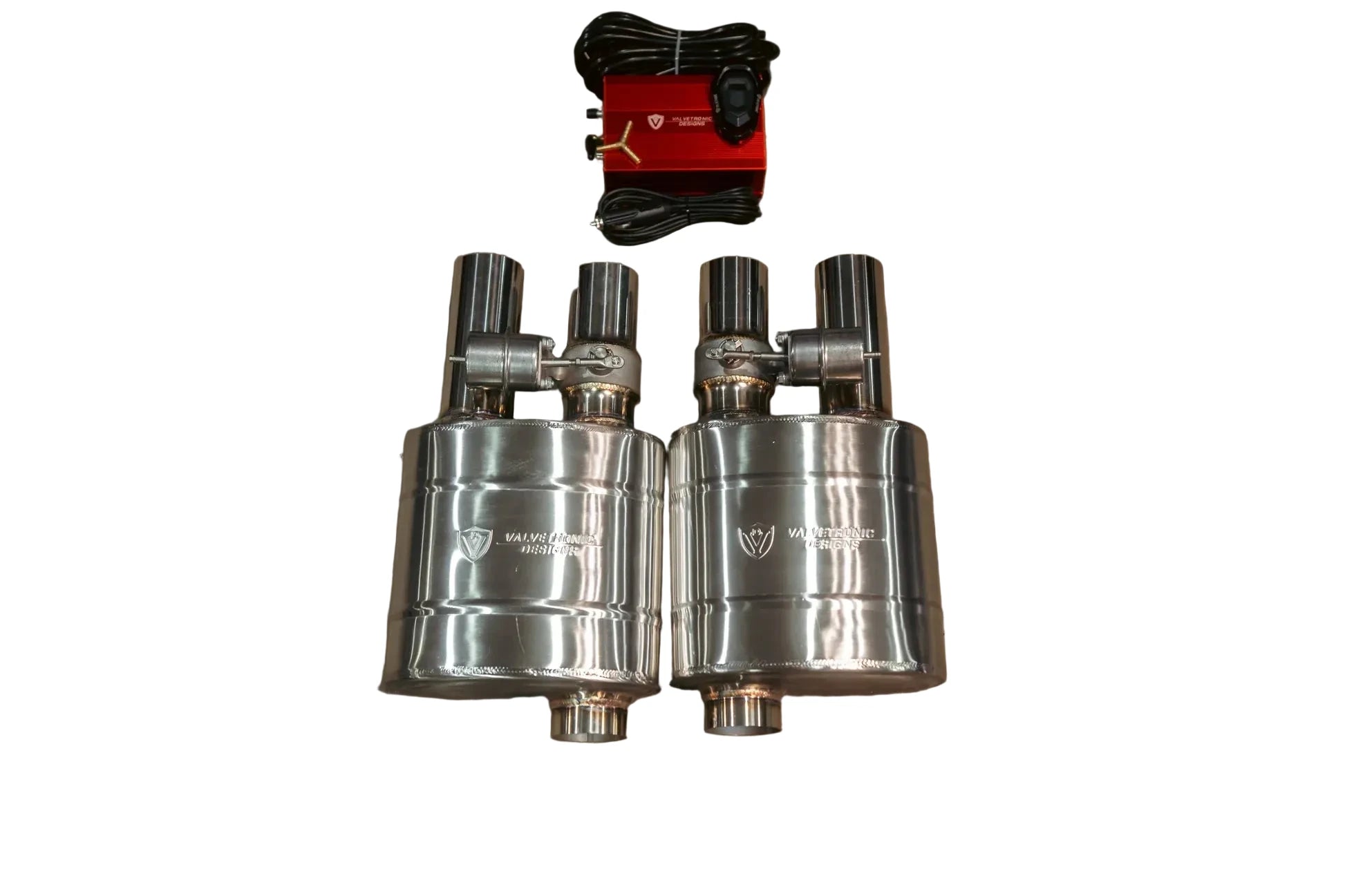 Close-up of vacuum exhaust valves and key fob remote system on T304 stainless valved muffler kit