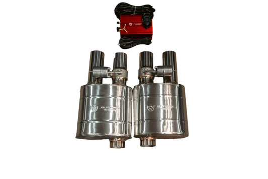 Close-up of vacuum exhaust valves and key fob remote system on T304 stainless valved muffler kit