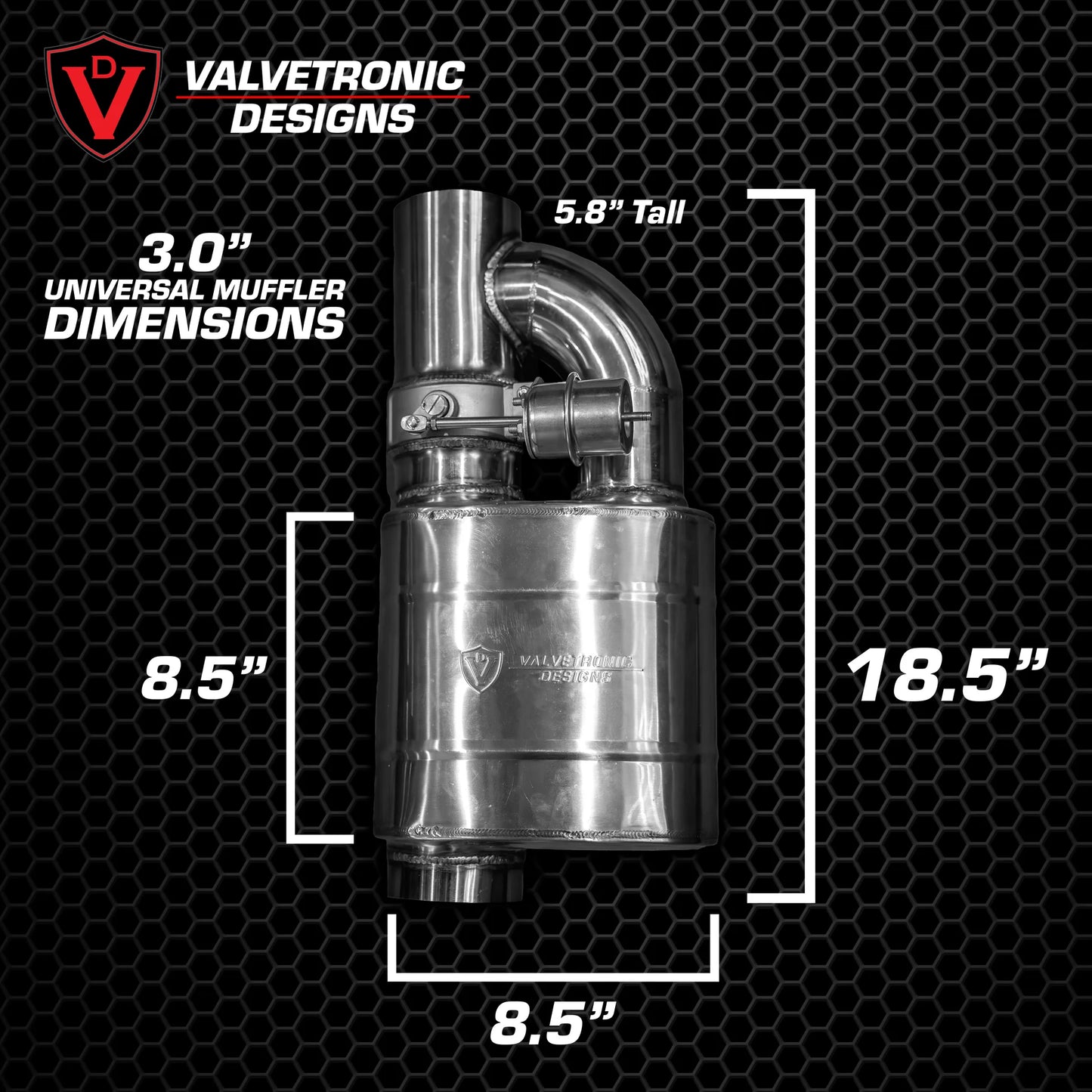 Dimensions for Single Inlet Dual Outlet Valved Muffler Kit 3.0 inch exhaust pipe universal fit Mercedes W205 W213